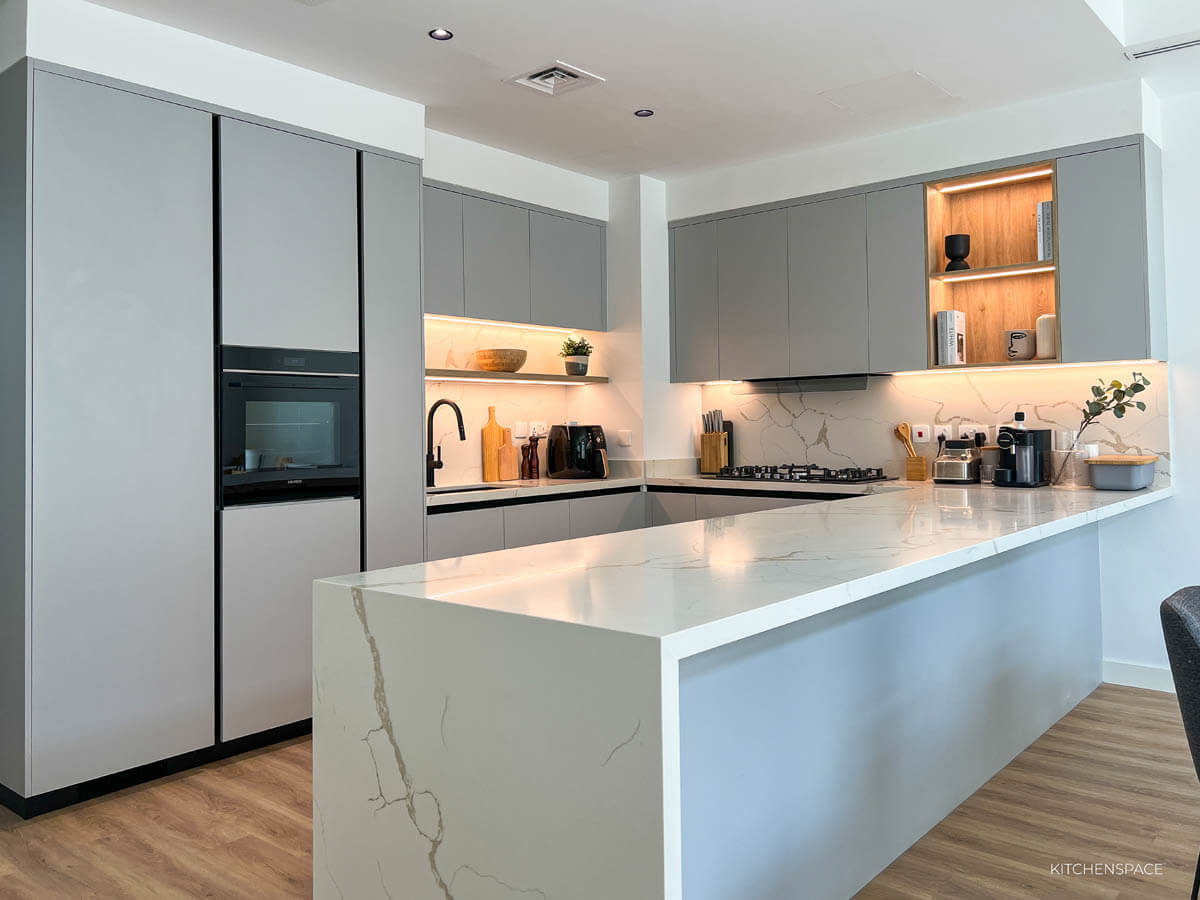 Modern Grey Kitchen  with Waterfall Island